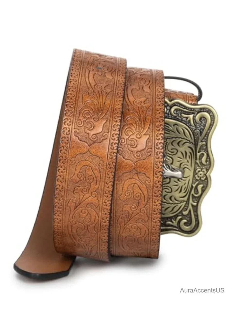 Cowboy Floral PU Leather Belt, Western Cow Head Buckle, Unisex Retro